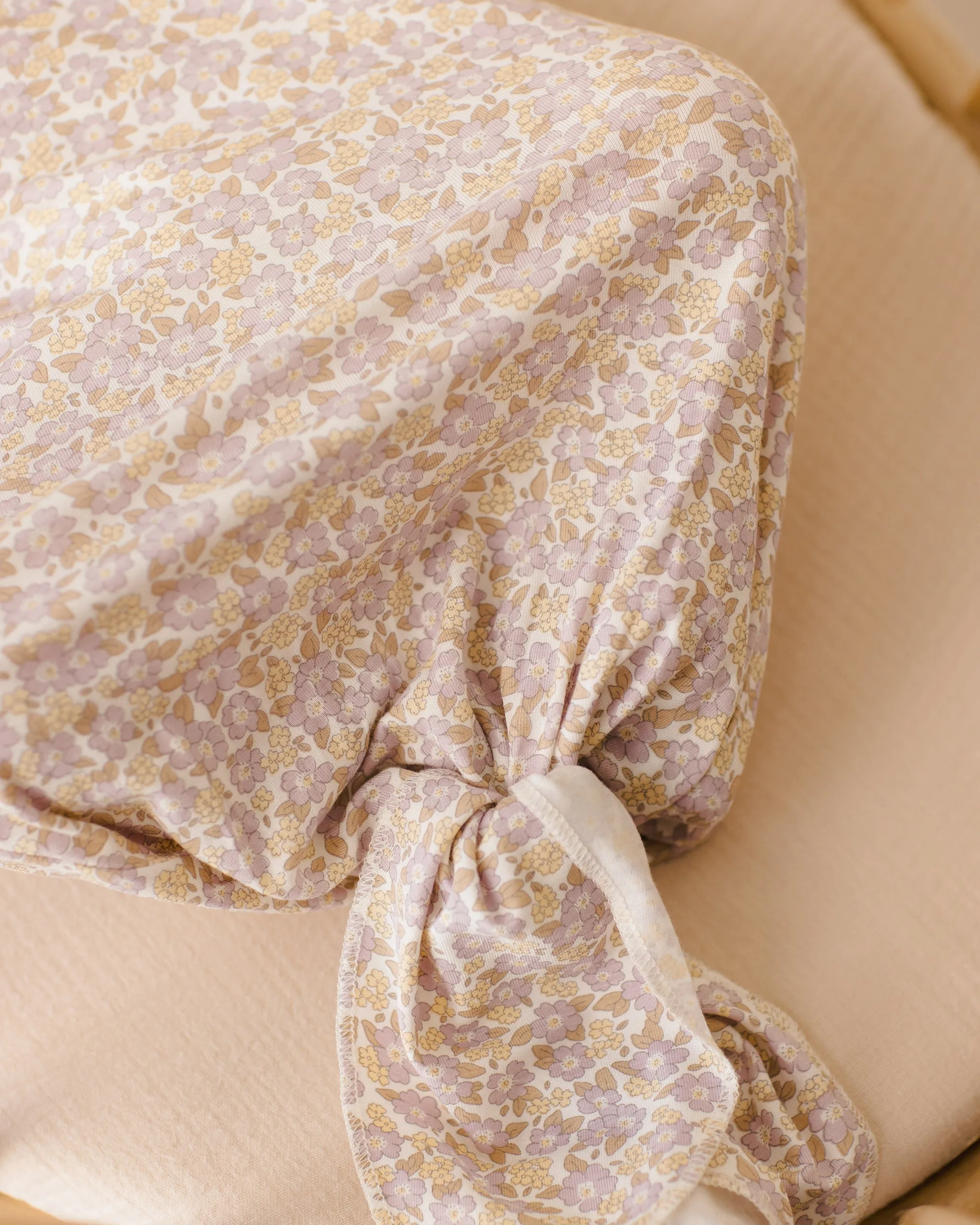 -Knotted Baby Gown   Hat Set || Purple Floral-