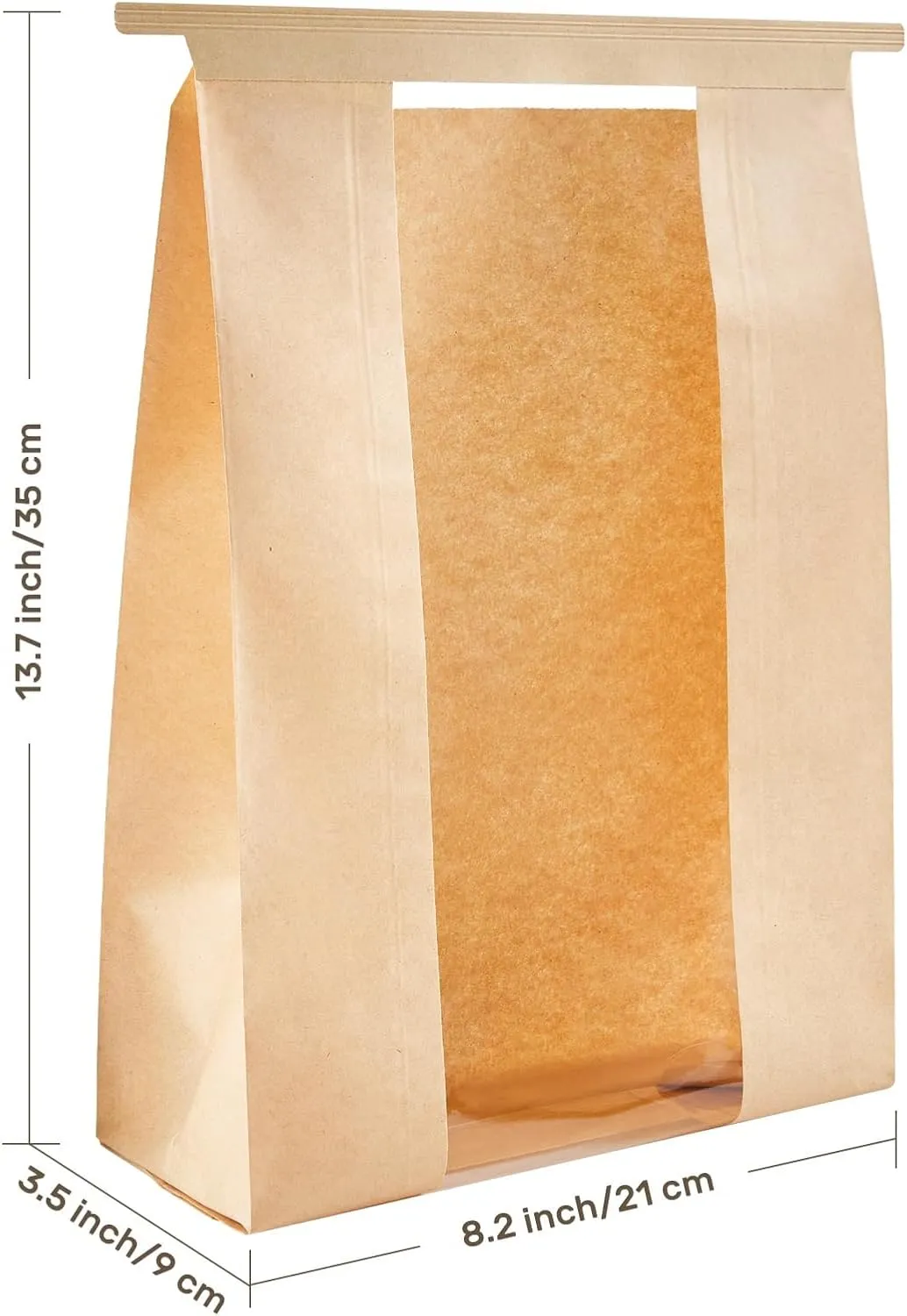 100 Pack Large Bread Bags for Sourdough Bread, 8.2 x 3.5 x 13.7 Inches Kraft Paper Bakery Bag with Windows Tin Tie Tab Lock Bread Loaf Bags