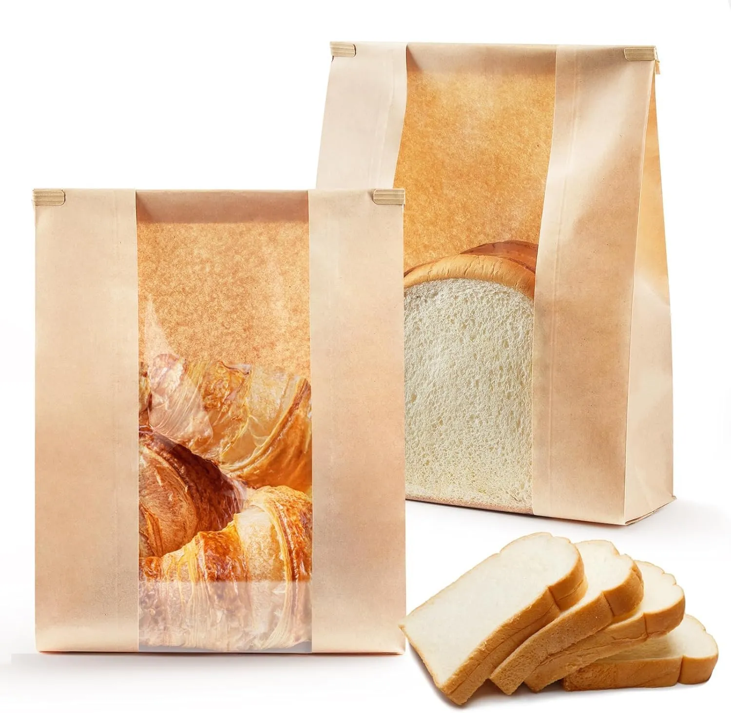 100 Pack Large Bread Bags for Sourdough Bread, 8.2 x 3.5 x 13.7 Inches Kraft Paper Bakery Bag with Windows Tin Tie Tab Lock Bread Loaf Bags