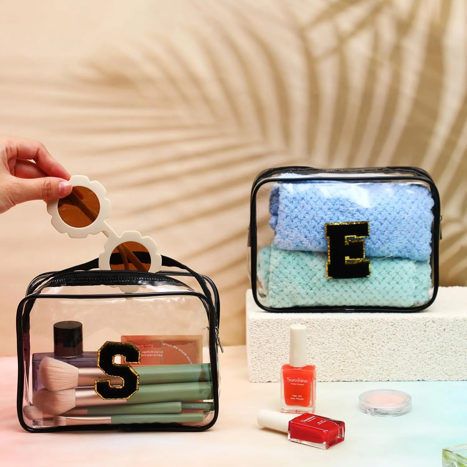 12 Personalized Initial A-z Preppy Patch Clear Makeup Bag Initial Letter Beach Travel Toiletry Cosmetic PVC Bag DIY Chenille Sew Letter Patches End of the Year Gifts(Black, Black Letters)