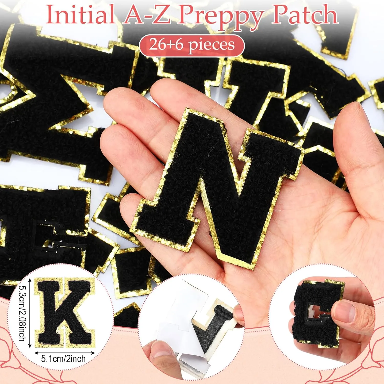 12 Personalized Initial A-z Preppy Patch Clear Makeup Bag Initial Letter Beach Travel Toiletry Cosmetic PVC Bag DIY Chenille Sew Letter Patches End of the Year Gifts(Black, Black Letters)