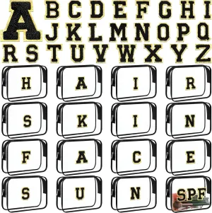 12 Personalized Initial A-z Preppy Patch Clear Makeup Bag Initial Letter Beach Travel Toiletry Cosmetic PVC Bag DIY Chenille Sew Letter Patches End of the Year Gifts(Black, Black Letters)