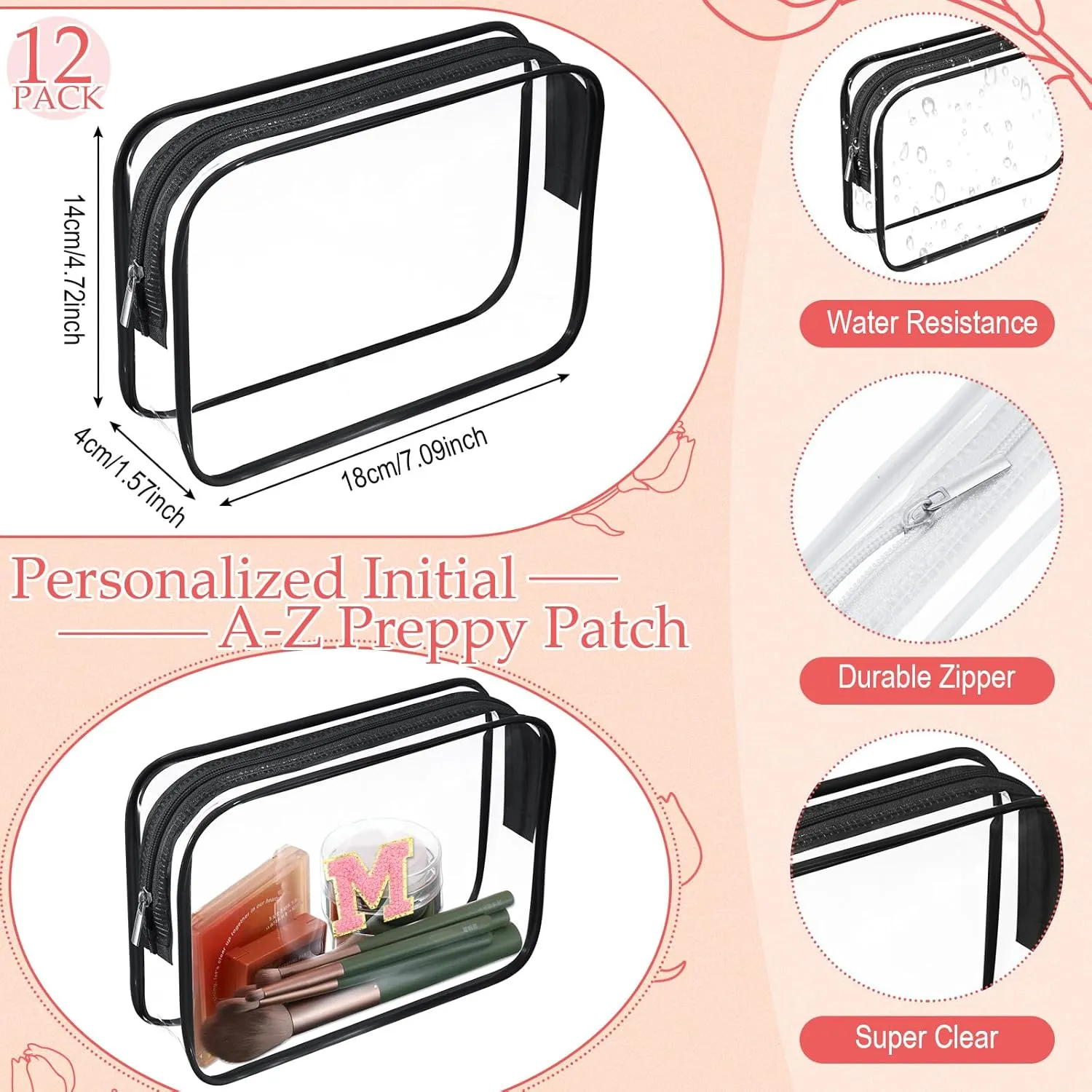 12 Personalized Initial A-z Preppy Patch Clear Makeup Bag Initial Letter Beach Travel Toiletry Cosmetic PVC Bag DIY Chenille Sew Letter Patches End of the Year Gifts(Black, Black Letters)