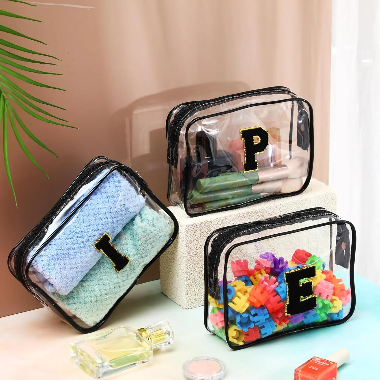 12 Personalized Initial A-z Preppy Patch Clear Makeup Bag Initial Letter Beach Travel Toiletry Cosmetic PVC Bag DIY Chenille Sew Letter Patches End of the Year Gifts(Black, Black Letters)