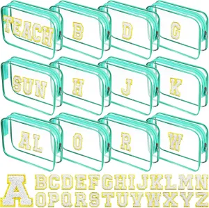 12 Personalized Initial A-z Preppy Patch Clear Makeup Bag Initial Letter Beach Travel Toiletry Cosmetic PVC Bag DIY Chenille Sew Letter Patches End of the Year Gifts(Green, White Letters)