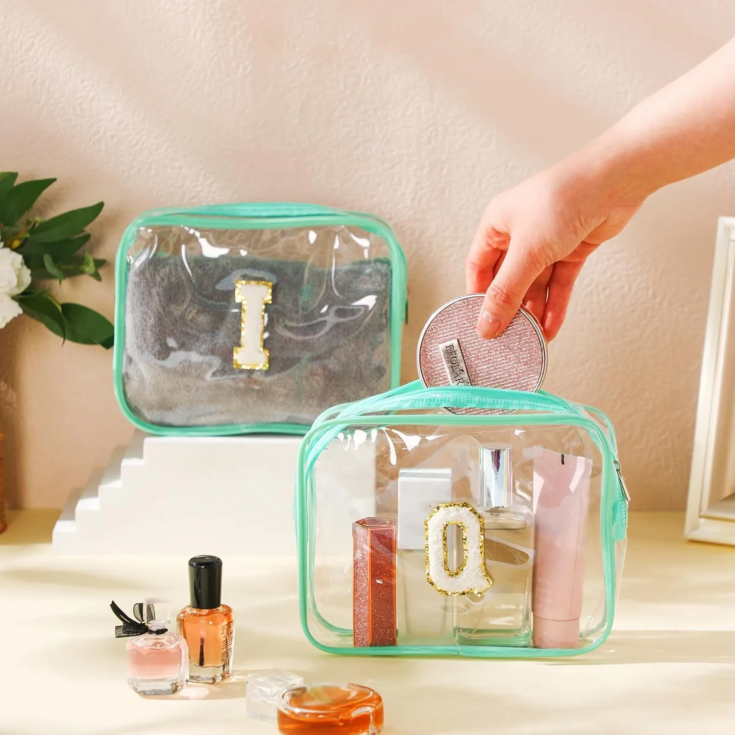 12 Personalized Initial A-z Preppy Patch Clear Makeup Bag Initial Letter Beach Travel Toiletry Cosmetic PVC Bag DIY Chenille Sew Letter Patches End of the Year Gifts(Green, White Letters)
