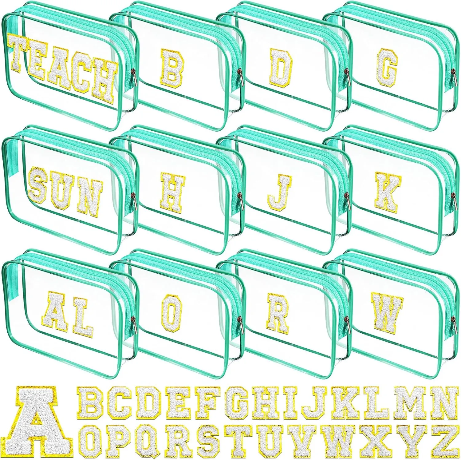12 Personalized Initial A-z Preppy Patch Clear Makeup Bag Initial Letter Beach Travel Toiletry Cosmetic PVC Bag DIY Chenille Sew Letter Patches End of the Year Gifts(Green, White Letters)