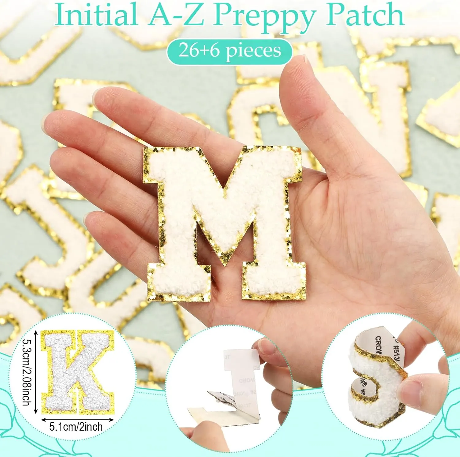 12 Personalized Initial A-z Preppy Patch Clear Makeup Bag Initial Letter Beach Travel Toiletry Cosmetic PVC Bag DIY Chenille Sew Letter Patches End of the Year Gifts(Green, White Letters)