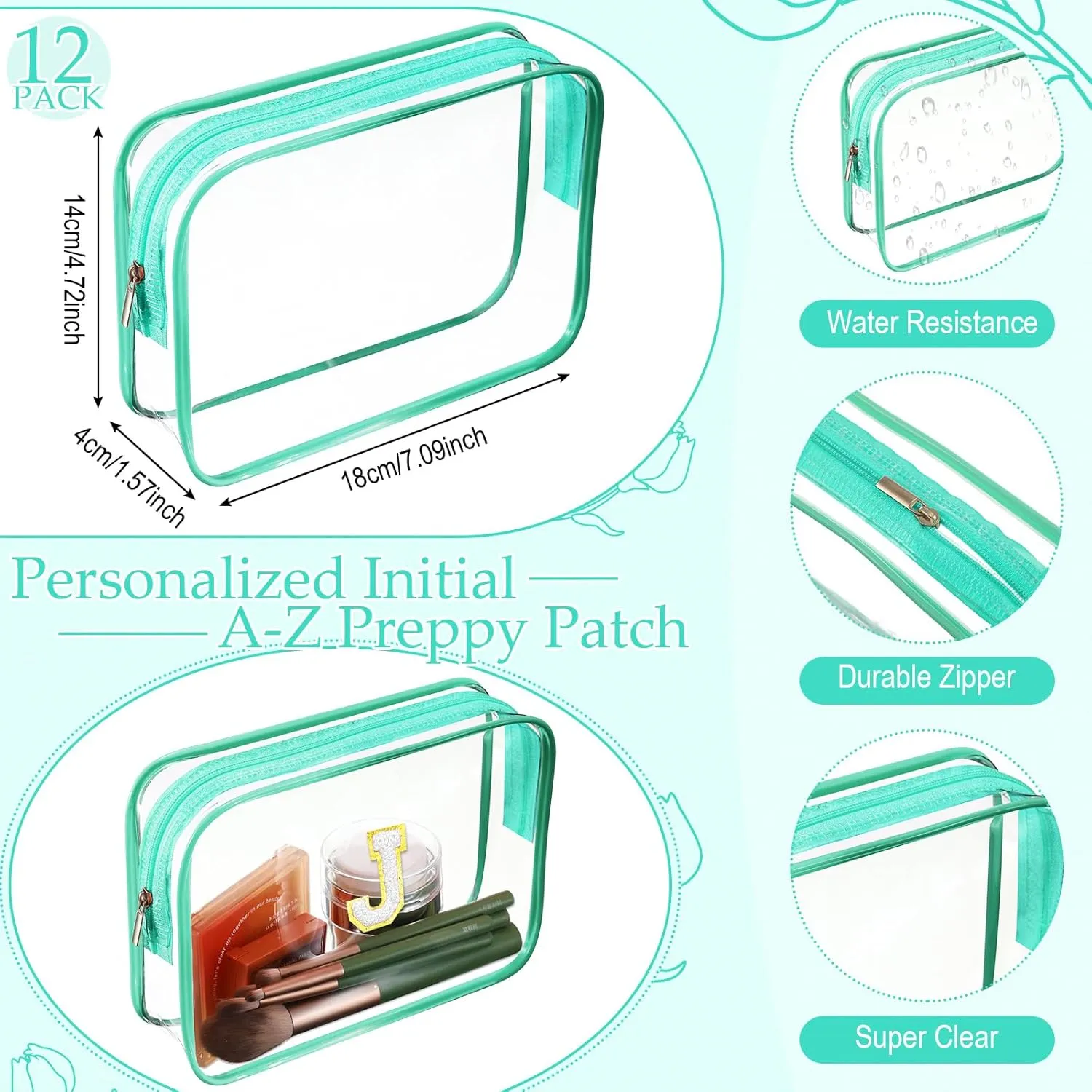 12 Personalized Initial A-z Preppy Patch Clear Makeup Bag Initial Letter Beach Travel Toiletry Cosmetic PVC Bag DIY Chenille Sew Letter Patches End of the Year Gifts(Green, White Letters)