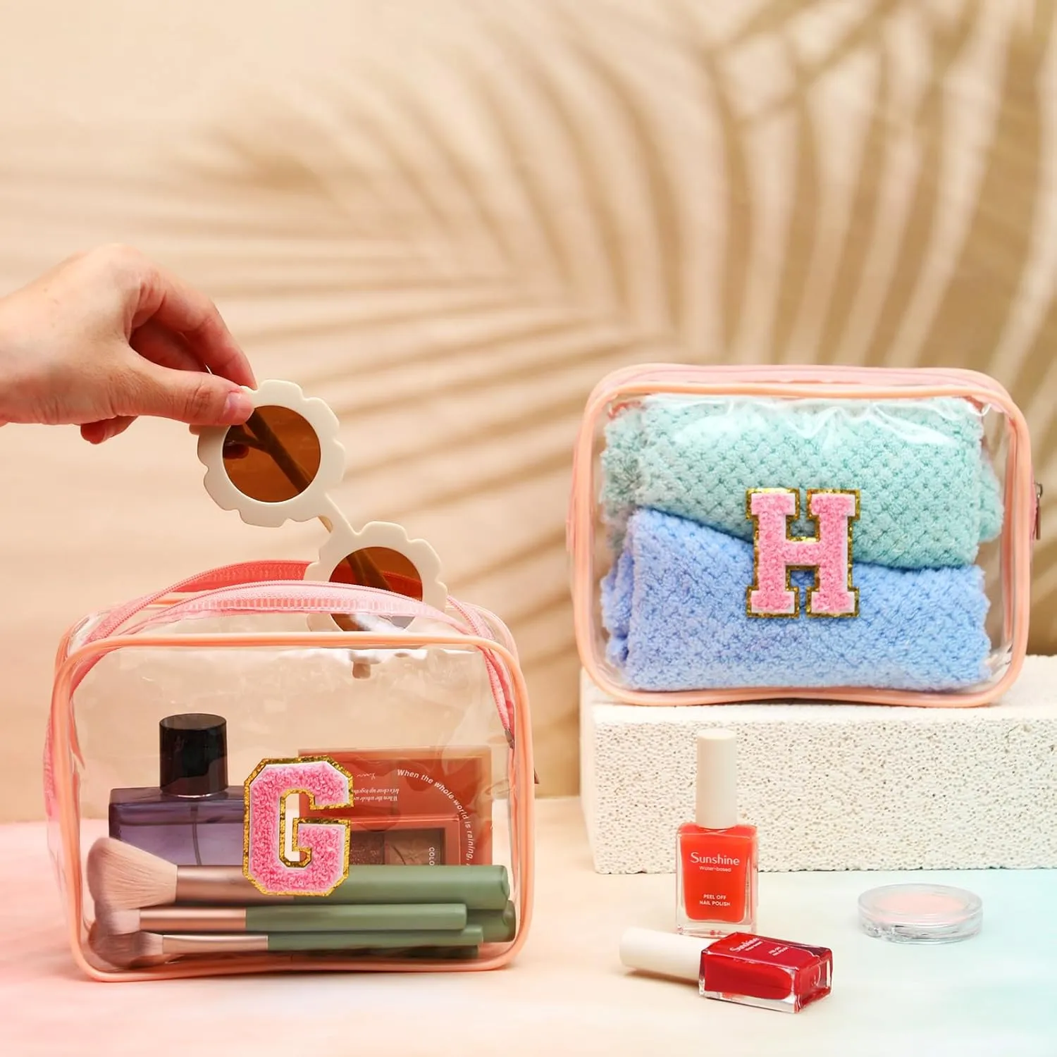 12 Personalized Initial A-z Preppy Patch Clear Makeup Bag Initial Letter Beach Travel Toiletry Cosmetic PVC Bag DIY Chenille Sew Letter Patches End of the Year Gifts(Pink, Pink Letters)