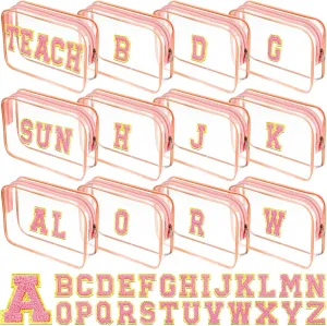 12 Personalized Initial A-z Preppy Patch Clear Makeup Bag Initial Letter Beach Travel Toiletry Cosmetic PVC Bag DIY Chenille Sew Letter Patches End of the Year Gifts(Pink, Pink Letters)
