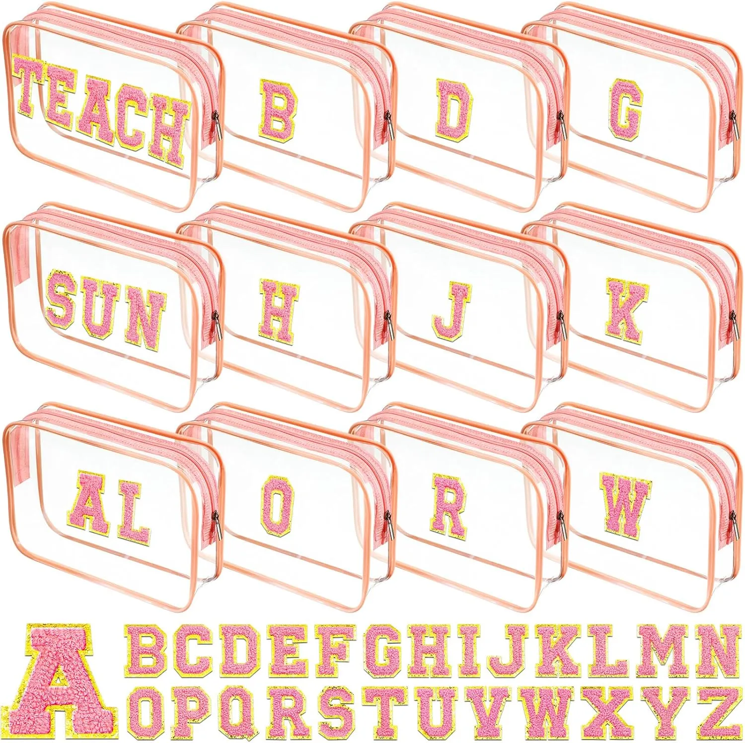 12 Personalized Initial A-z Preppy Patch Clear Makeup Bag Initial Letter Beach Travel Toiletry Cosmetic PVC Bag DIY Chenille Sew Letter Patches End of the Year Gifts(Pink, Pink Letters)