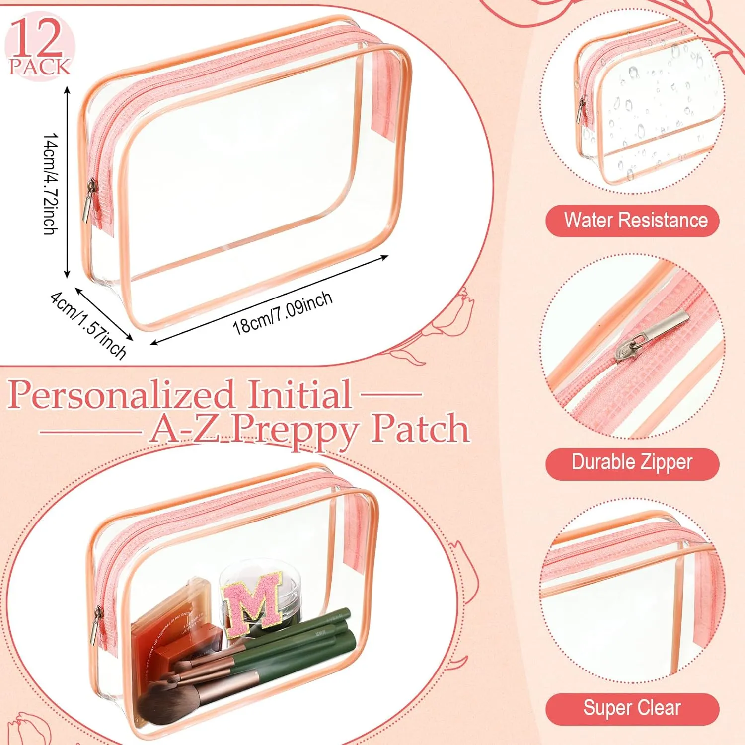 12 Personalized Initial A-z Preppy Patch Clear Makeup Bag Initial Letter Beach Travel Toiletry Cosmetic PVC Bag DIY Chenille Sew Letter Patches End of the Year Gifts(Pink, Pink Letters)