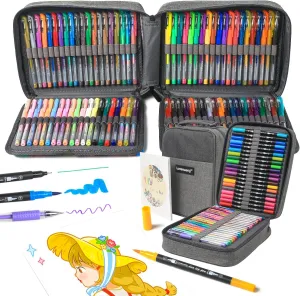 120 Pack Painting Pen Set 100 Colored Gel Pens and 20 Colors Duo Tip Markers Glitter Pen with Canvas Bag for Adult Coloring Books Drawing Sketching Calligraphy