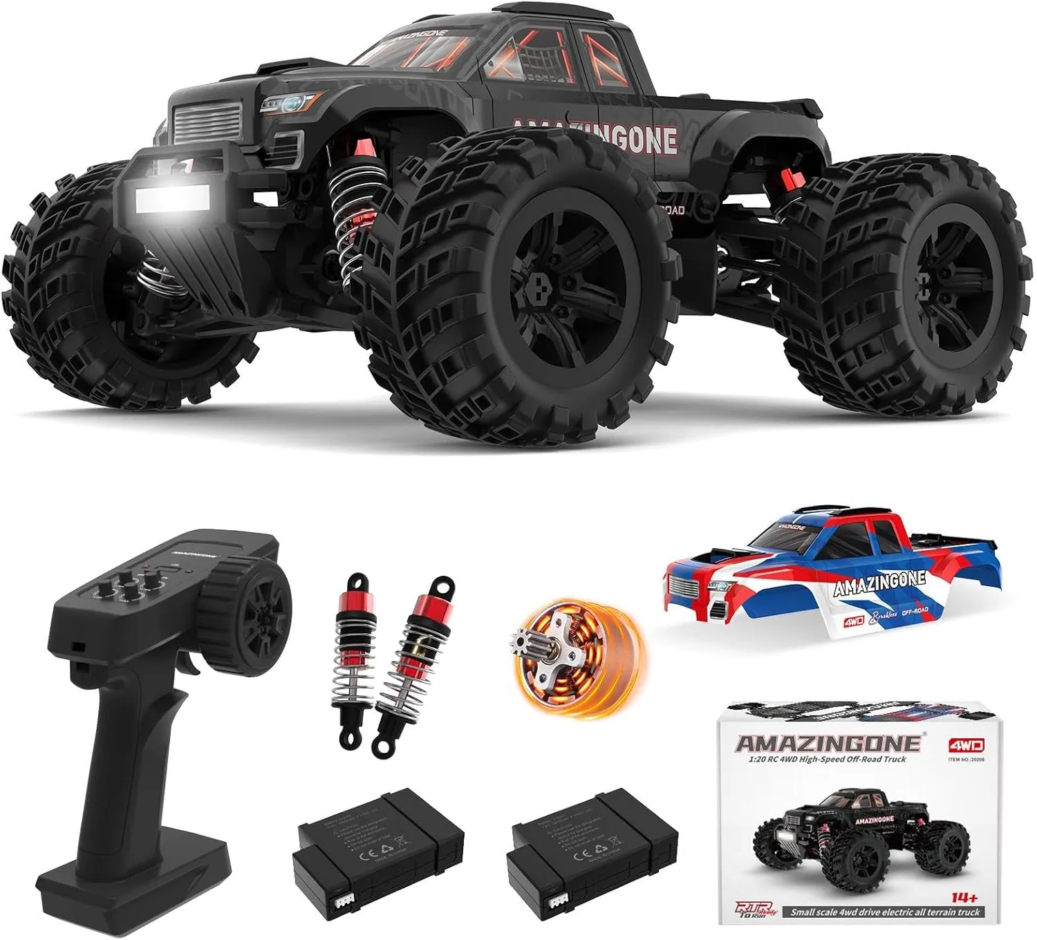 1:20 Scale Brushless Fast RC Cars for Adults, Max 45KPH High Speed Electric Monster Racing Car,Hobby RC Trucks 4X4 Offroad Waterproof,All Terrain RTR Remote Control Car 2 Lipo Bettery 20208