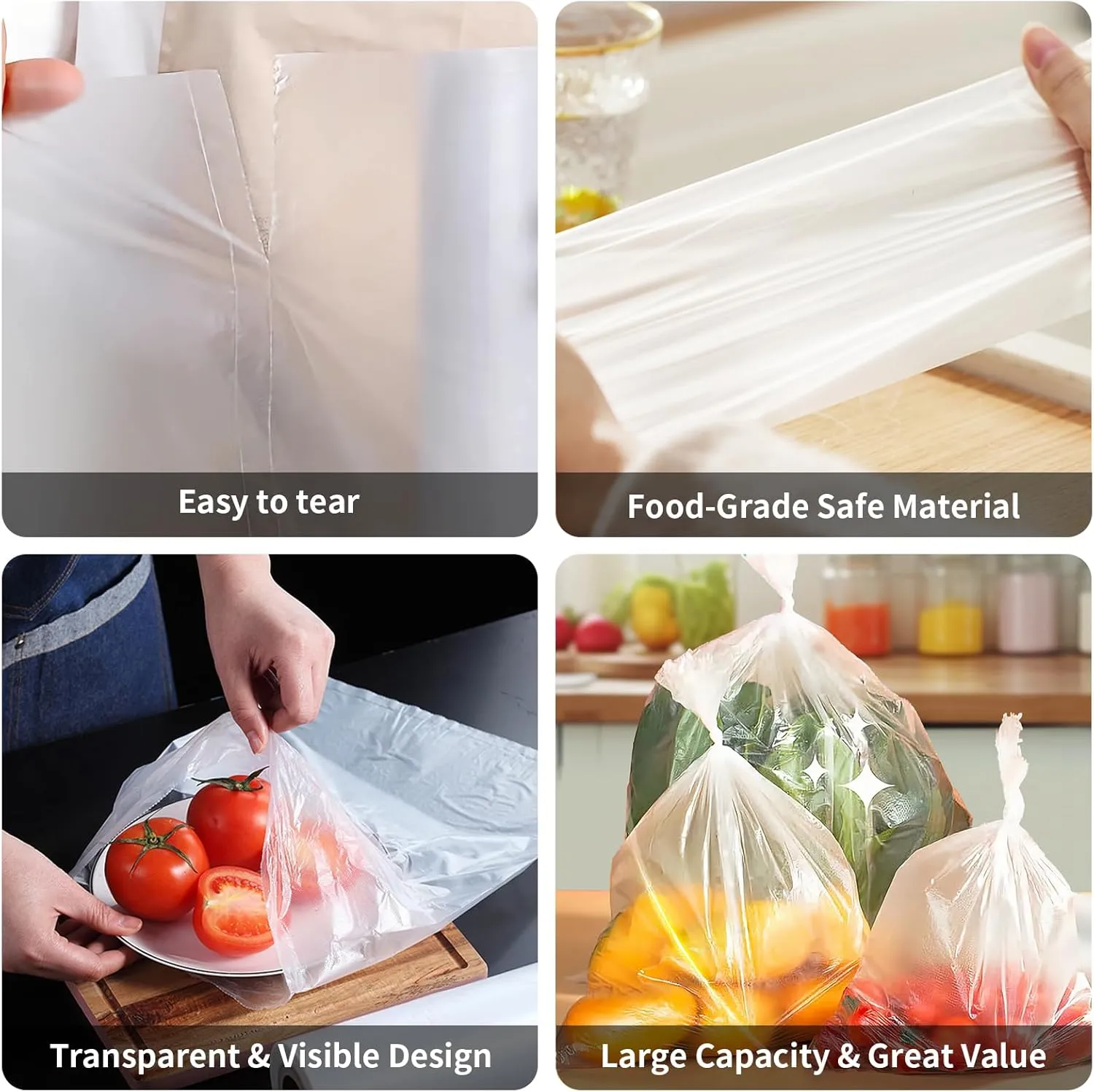 12" x 16" Clear Plastic Produce Bag on a Roll, Food Storage Bags for Vegetables, Bread, Fruits and Meat, Easy To Tear, Continuous Roll- 350 Bags/Roll - [4 Rolls]