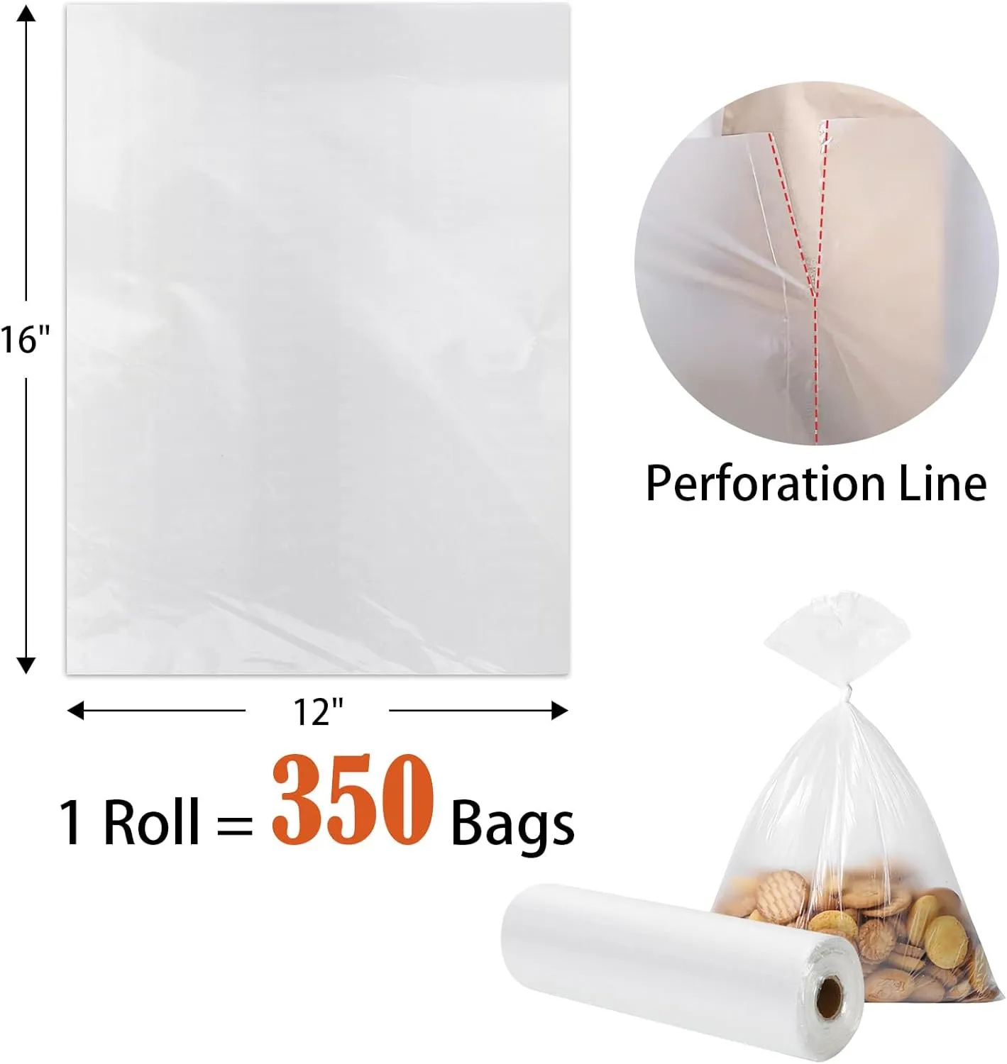 12" x 16" Clear Plastic Produce Bag on a Roll, Food Storage Bags for Vegetables, Bread, Fruits and Meat, Easy To Tear, Continuous Roll- 350 Bags/Roll - [4 Rolls]