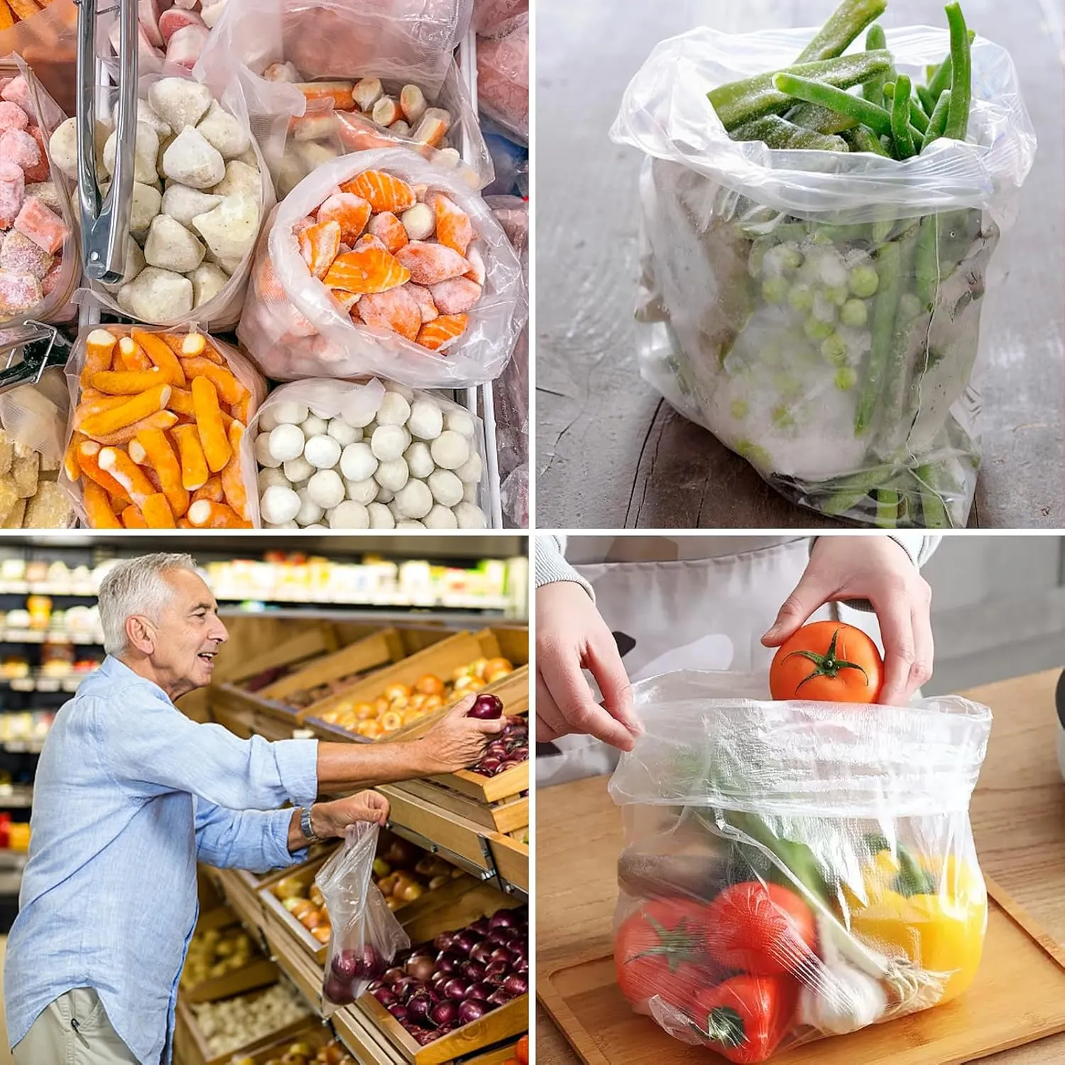 12" x 16" Clear Plastic Produce Bag on a Roll, Food Storage Bags for Vegetables, Bread, Fruits and Meat, Easy To Tear, Continuous Roll- 350 Bags/Roll - [4 Rolls]