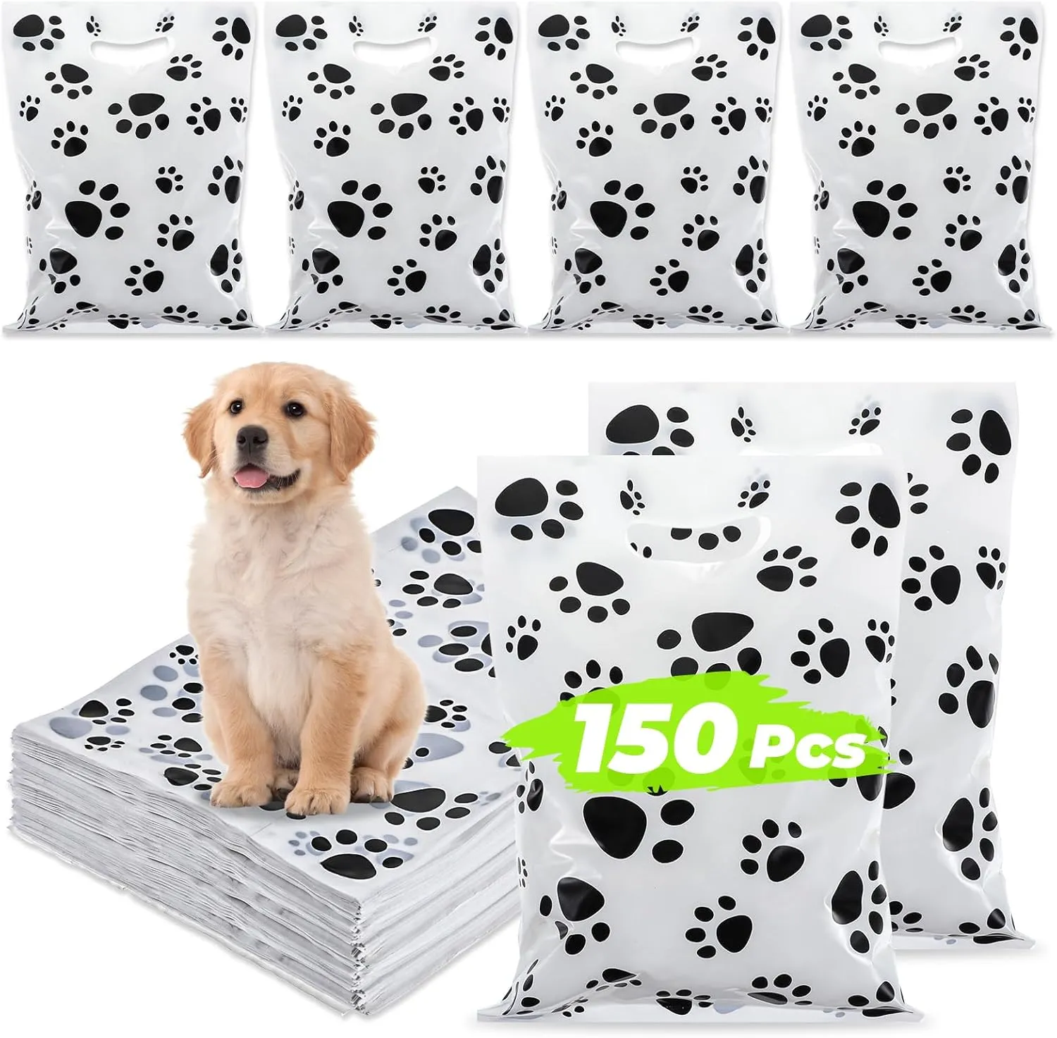 150 Pcs Paw Gift Bags Bulk Pet Plastic Treat Bags Paw Print Favor Bags with Handle Dog Paw Candy Bags Puppy Dogs Goodie Bags Paw Printed Treat Bags for Dog Birthday Party Supplies (White)