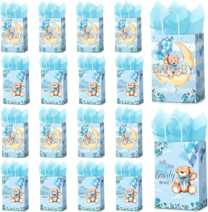 16 Pack Baby Shower Bear Bags with 16 Pcs Tissue Paper Gender Reveal Party Favor Gift Bags Candy Goodie Treat We Can Bearly Wait Party for Baby Shower Kids Birthday Supplies