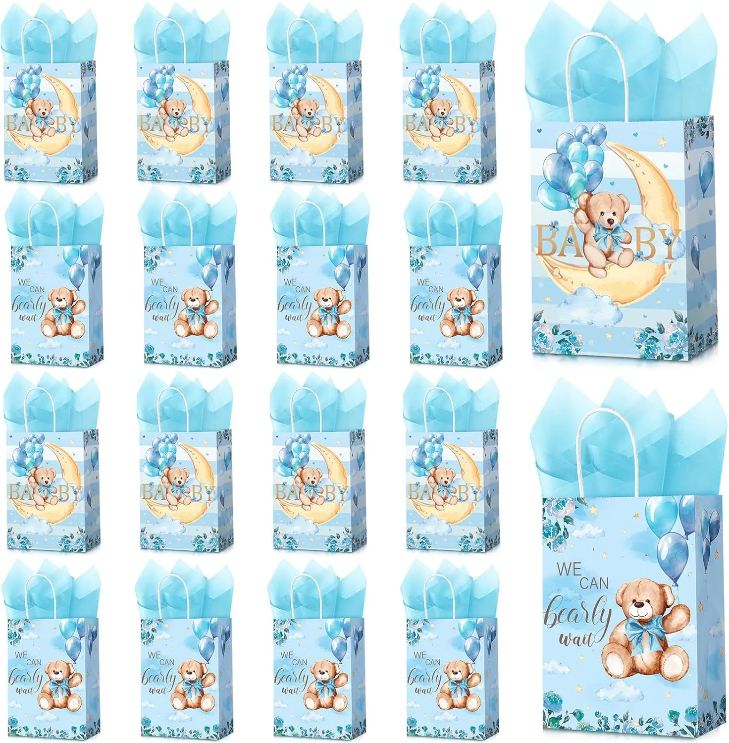 16 Pack Baby Shower Bear Bags with 16 Pcs Tissue Paper Gender Reveal Party Favor Gift Bags Candy Goodie Treat We Can Bearly Wait Party for Baby Shower Kids Birthday Supplies