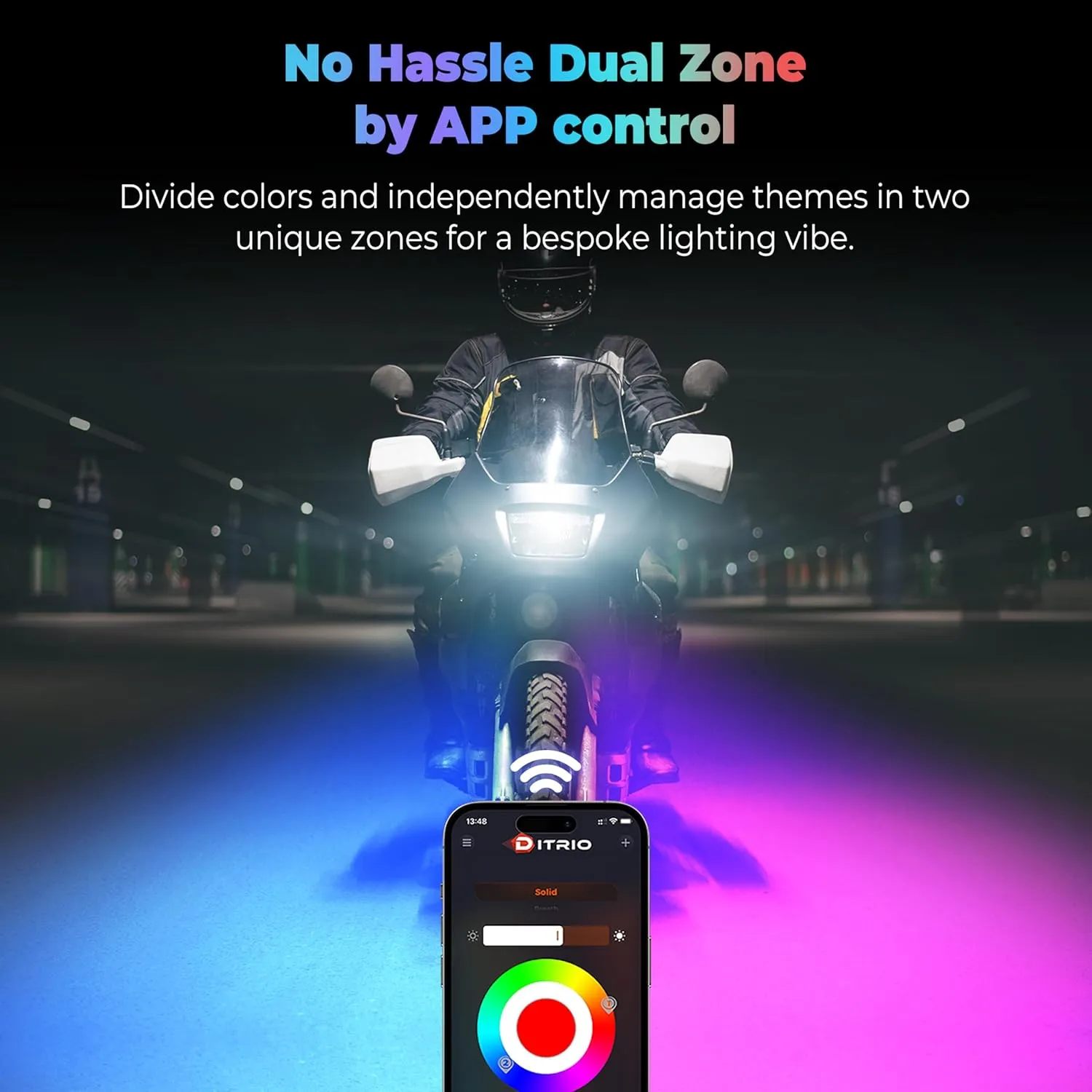 16Pcs Motorcycle Led Underglow Kit with Brake Turn Signal, Motorcycle RGB Lights with DITRIO APP/RF Remote Control, Dual Zone,12V Waterproof Pixelglow Effects for Motorcycles, Golf Carts, ATVs, UTVs