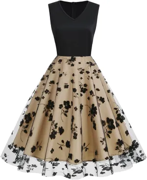 1950s Dresses for Women Vintage Elegant Short Puff Sleeve Polka Dot Patchwork Knee Length Cocktail Party Dress