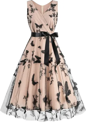 1950s Dresses for Women Vintage Elegant Short Puff Sleeve Polka Dot Patchwork Knee Length Cocktail Party Dress