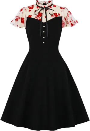 1950s Dresses for Women Vintage Elegant Short Puff Sleeve Polka Dot Patchwork Knee Length Cocktail Party Dress