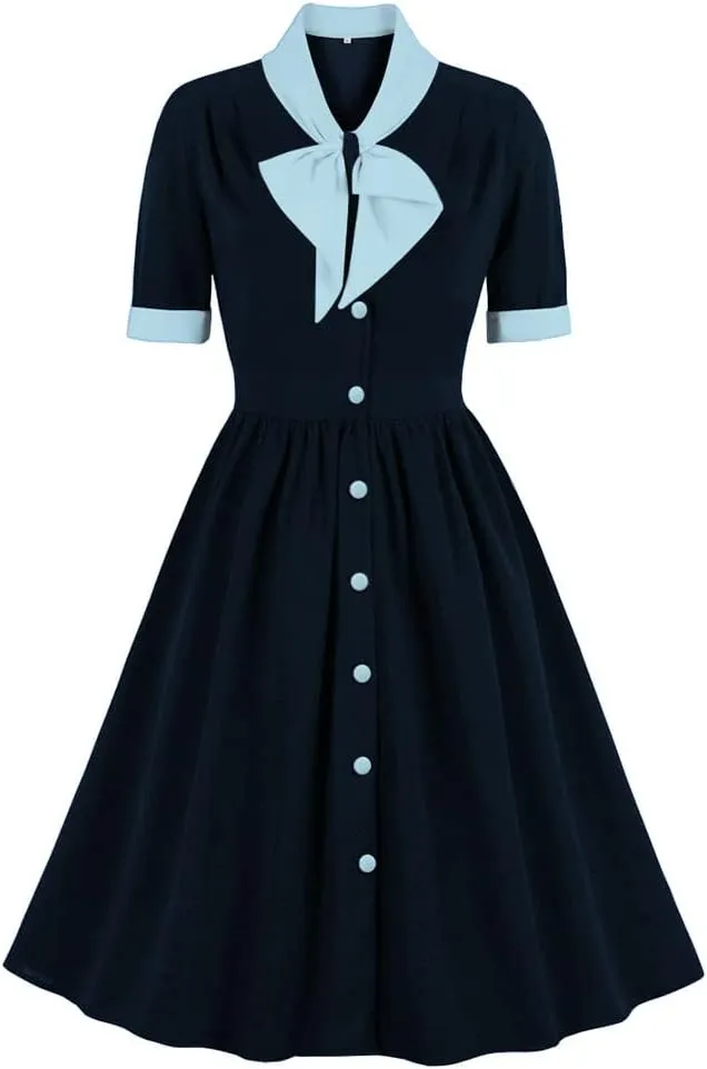 1950s Dresses for Women Vintage Rockabilly Retro Short Sleeve Tie Midi Dress Cocktail Party Evening Prom Gown
