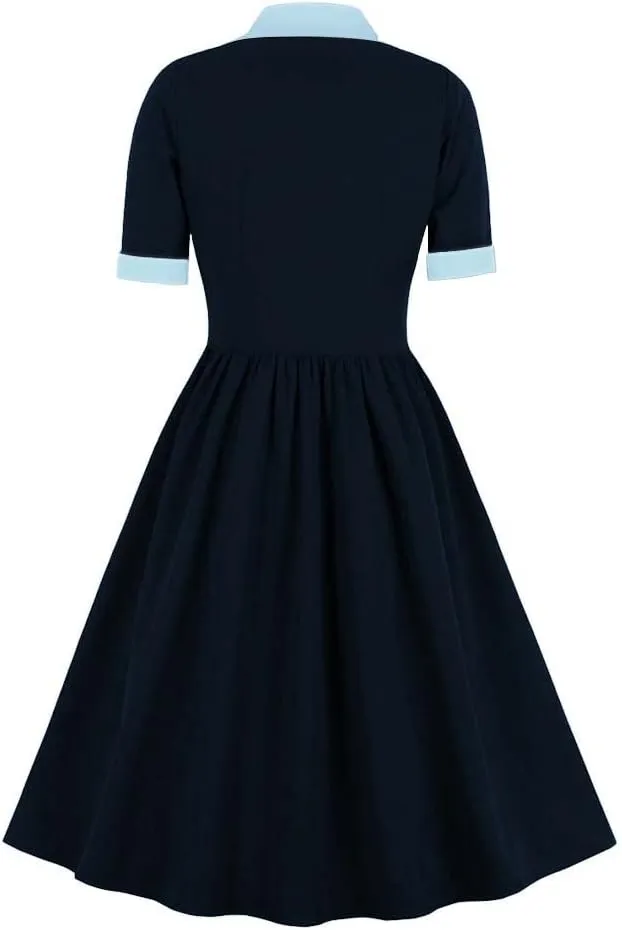 1950s Dresses for Women Vintage Rockabilly Retro Short Sleeve Tie Midi Dress Cocktail Party Evening Prom Gown
