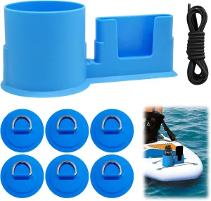 2-in-1 Paddle Board Cup Holder Kayak Phone Mount Boat Tool with 6 Pcs PVC D-Rings 8.2ft Kayak Stretch Shock Cords Rope, Surfboard Drink Holder Accessories for Fishing Gears