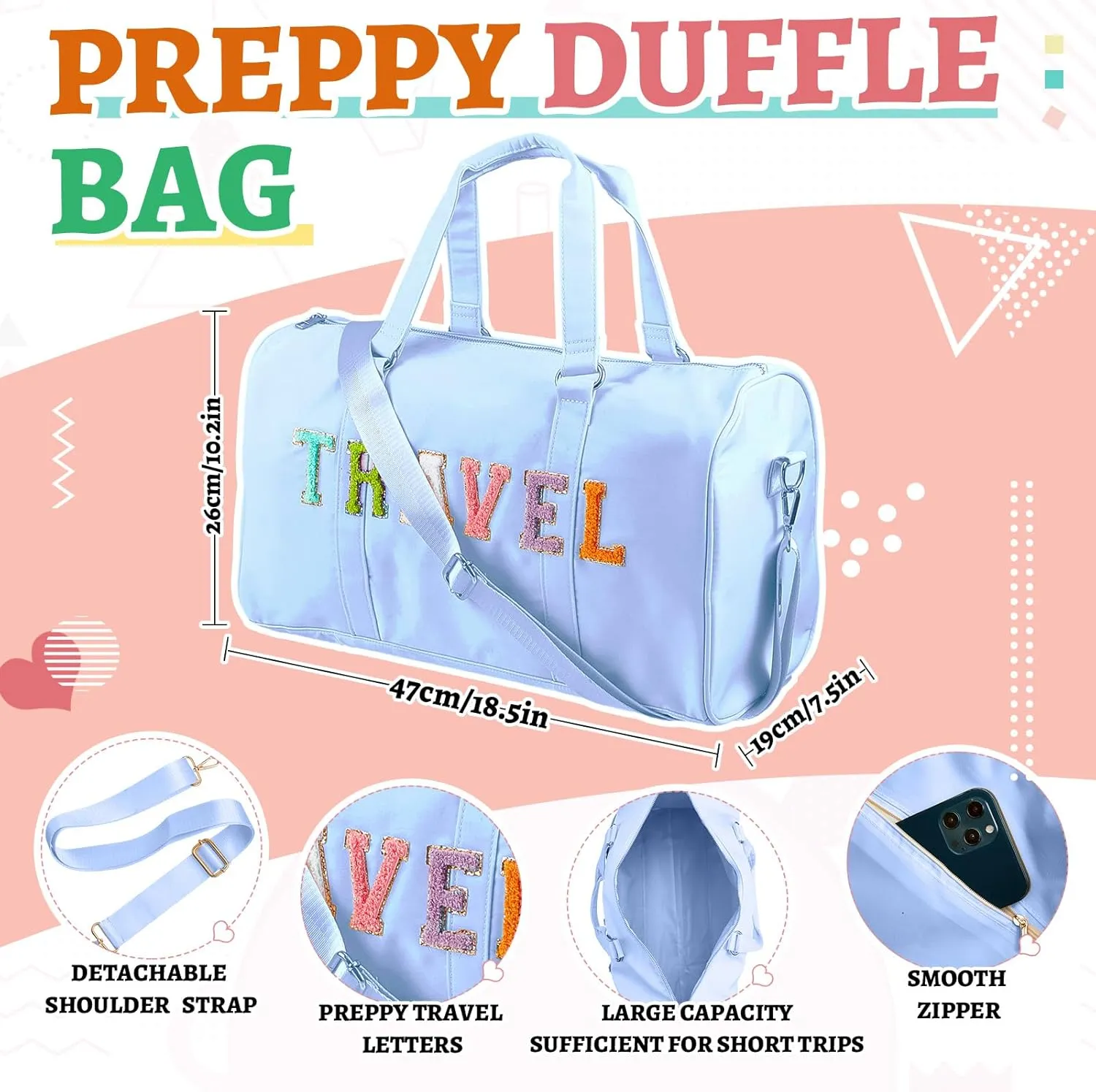2 Pcs Preppy Chenille Letter Duffle Bag and Makeup Pouch, Travel Tote Bag Cosmetic Zipper Patch Makeup Bag (Blue)