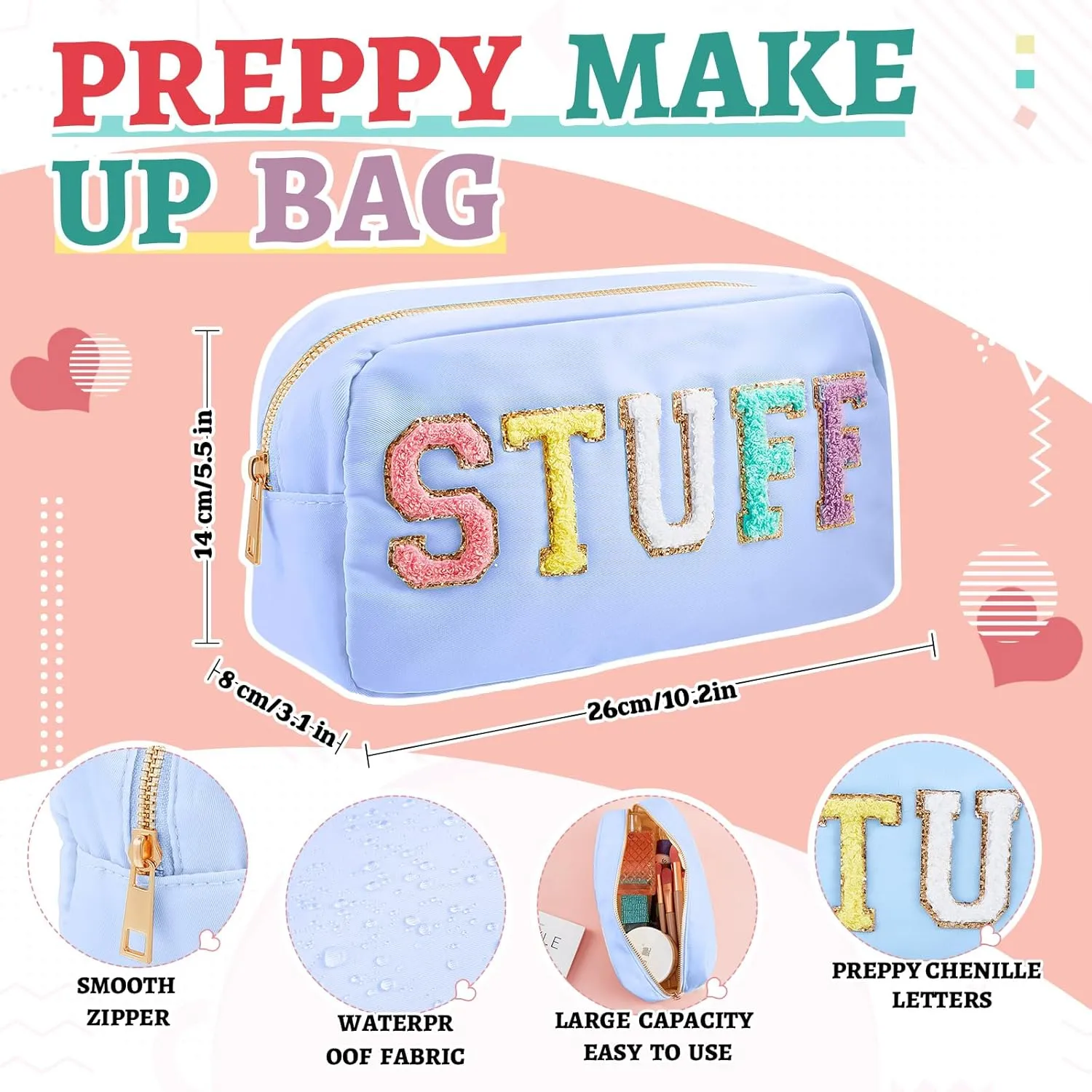 2 Pcs Preppy Chenille Letter Duffle Bag and Makeup Pouch, Travel Tote Bag Cosmetic Zipper Patch Makeup Bag (Blue)