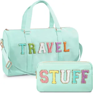 2 Pcs Preppy Chenille Letter Duffle Bag and Makeup Pouch, Travel Tote Bag Cosmetic Zipper Patch Makeup Bag (Mint Green)
