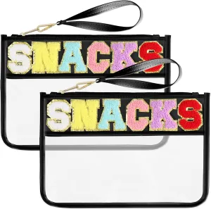 2 PCS Snack Bags Clear Pouch Travel Makeup Bag Chenille Letter Bags for Zipper Pouch Clear Cosmetic Bag Clear Tote Bag Makeup Travel Bag for Women Girls (Black Black)