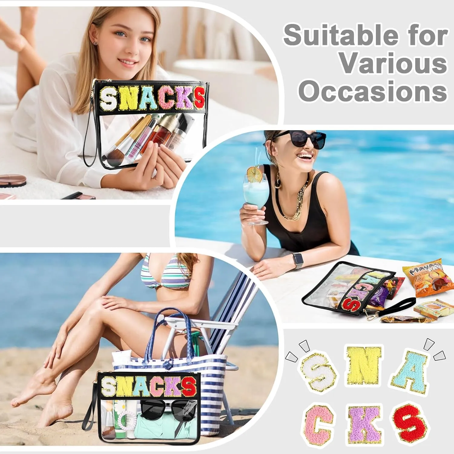 2 PCS Snack Bags Clear Pouch Travel Makeup Bag Chenille Letter Bags for Zipper Pouch Clear Cosmetic Bag Clear Tote Bag Makeup Travel Bag for Women Girls (Black Black)