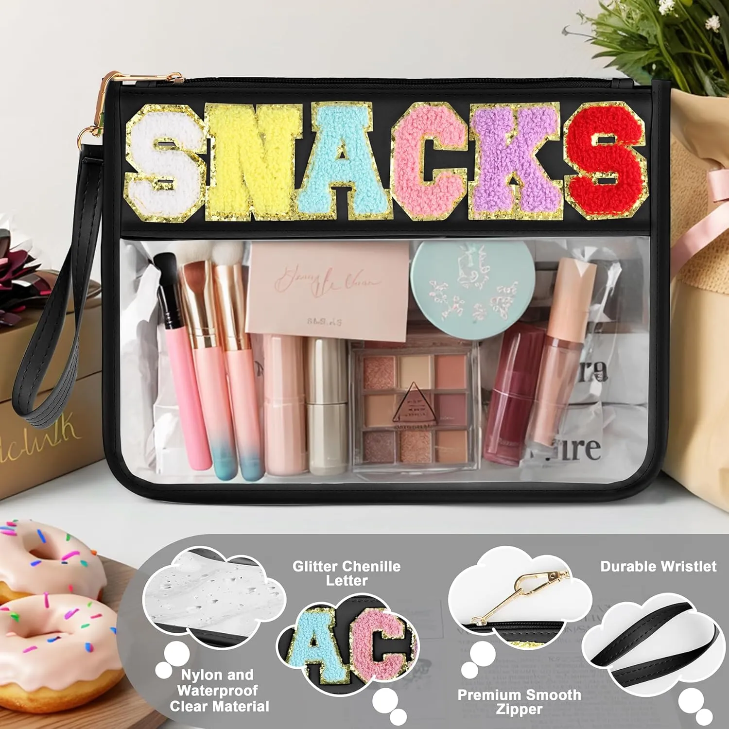 2 PCS Snack Bags Clear Pouch Travel Makeup Bag Chenille Letter Bags for Zipper Pouch Clear Cosmetic Bag Clear Tote Bag Makeup Travel Bag for Women Girls (Black Black)