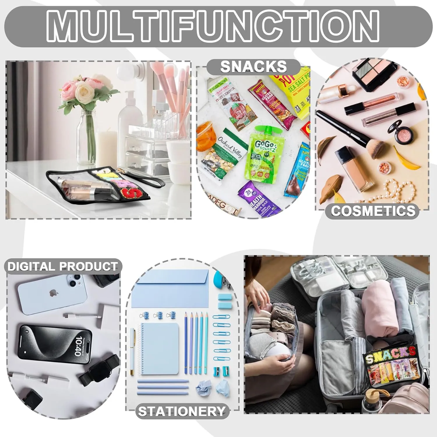 2 PCS Snack Bags Clear Pouch Travel Makeup Bag Chenille Letter Bags for Zipper Pouch Clear Cosmetic Bag Clear Tote Bag Makeup Travel Bag for Women Girls (Black Black)