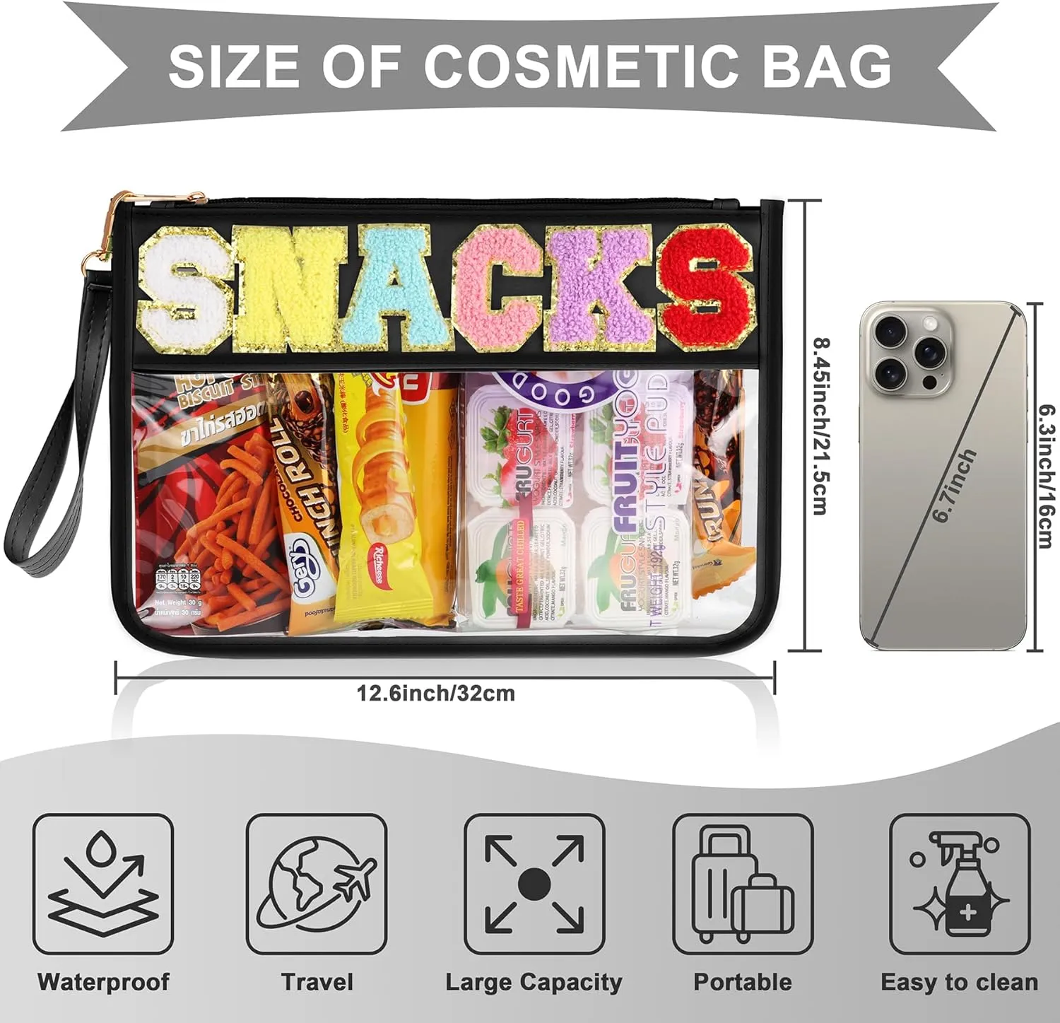 2 PCS Snack Bags Clear Pouch Travel Makeup Bag Chenille Letter Bags for Zipper Pouch Clear Cosmetic Bag Clear Tote Bag Makeup Travel Bag for Women Girls (Black Black)