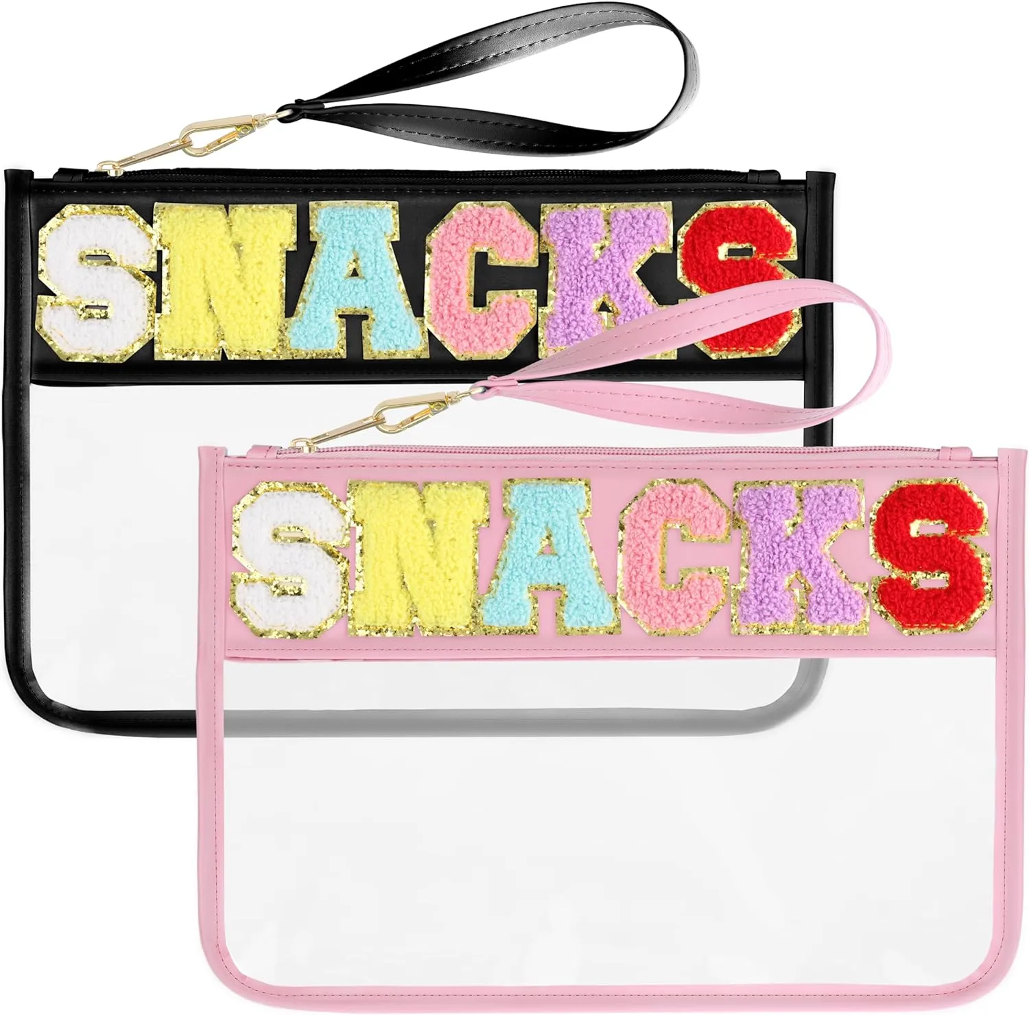 2 PCS Snack Bags Clear Pouch Travel Makeup Bag Chenille Letter Bags for Zipper Pouch Clear Cosmetic Bag Clear Tote Bag Makeup Travel Bag for Women Girls (Black Pink)