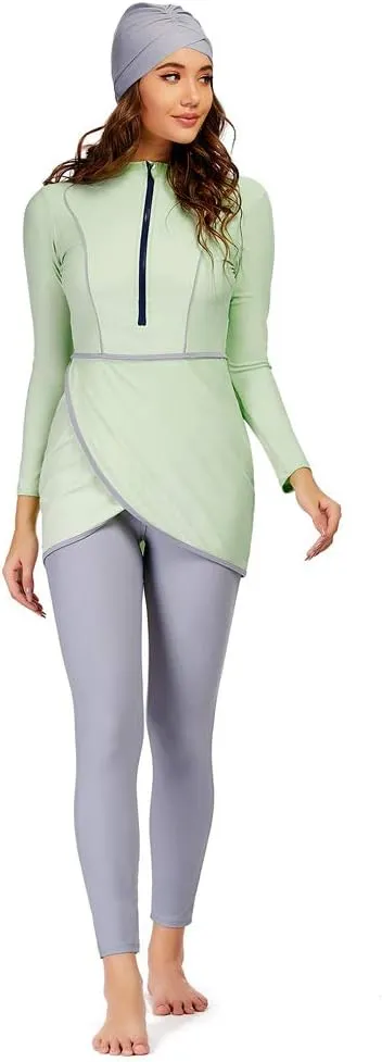 2024 Women Modest Muslim Swimwear Patchwork Hijab Sport Long Sleeves Swimsuit 3pcs Islamic Burkinis Wear Bathing Suit