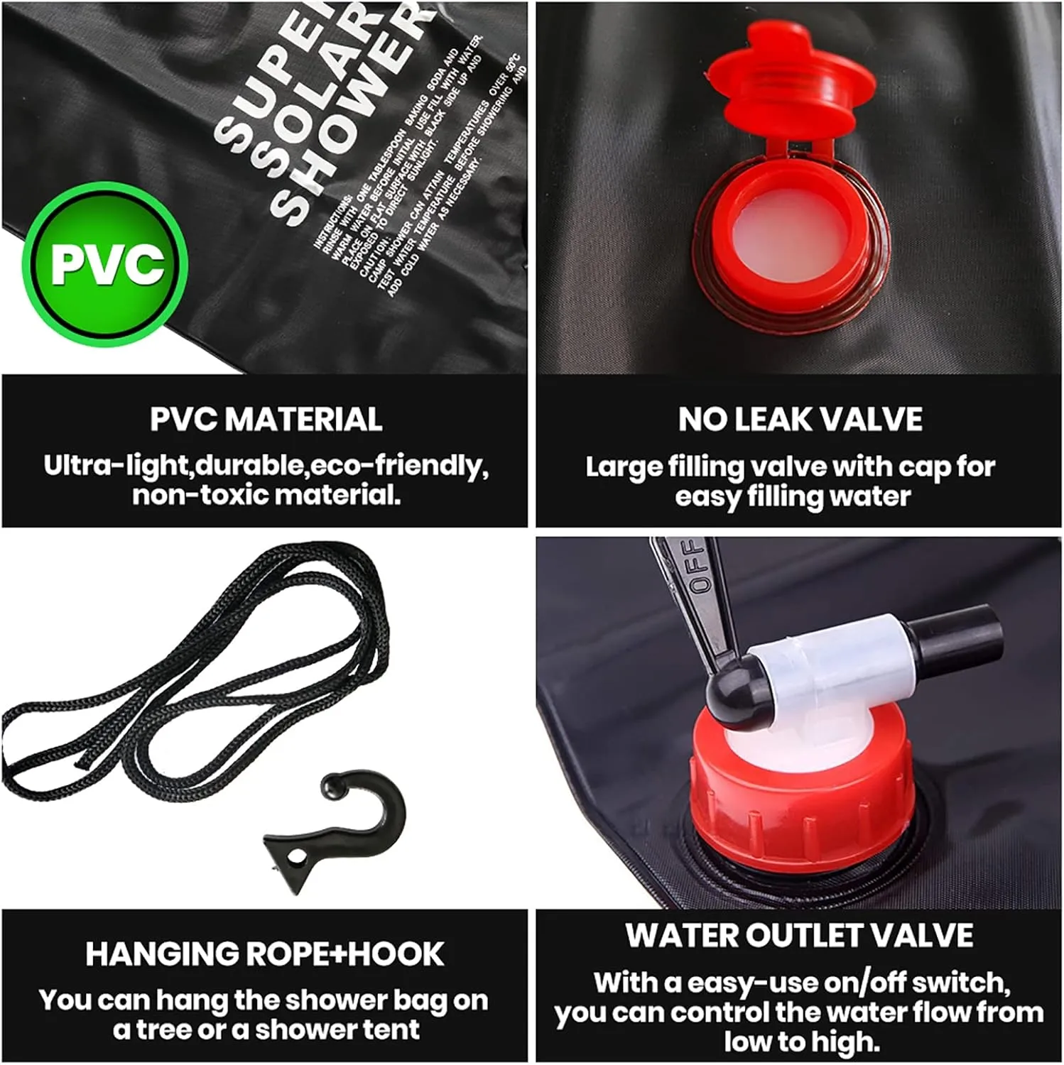 20L Portable Shower Bag with Switch Hose and Plastic Head Large Capacity Solar Water Storage for Camping Outdoor Hiking Picnic