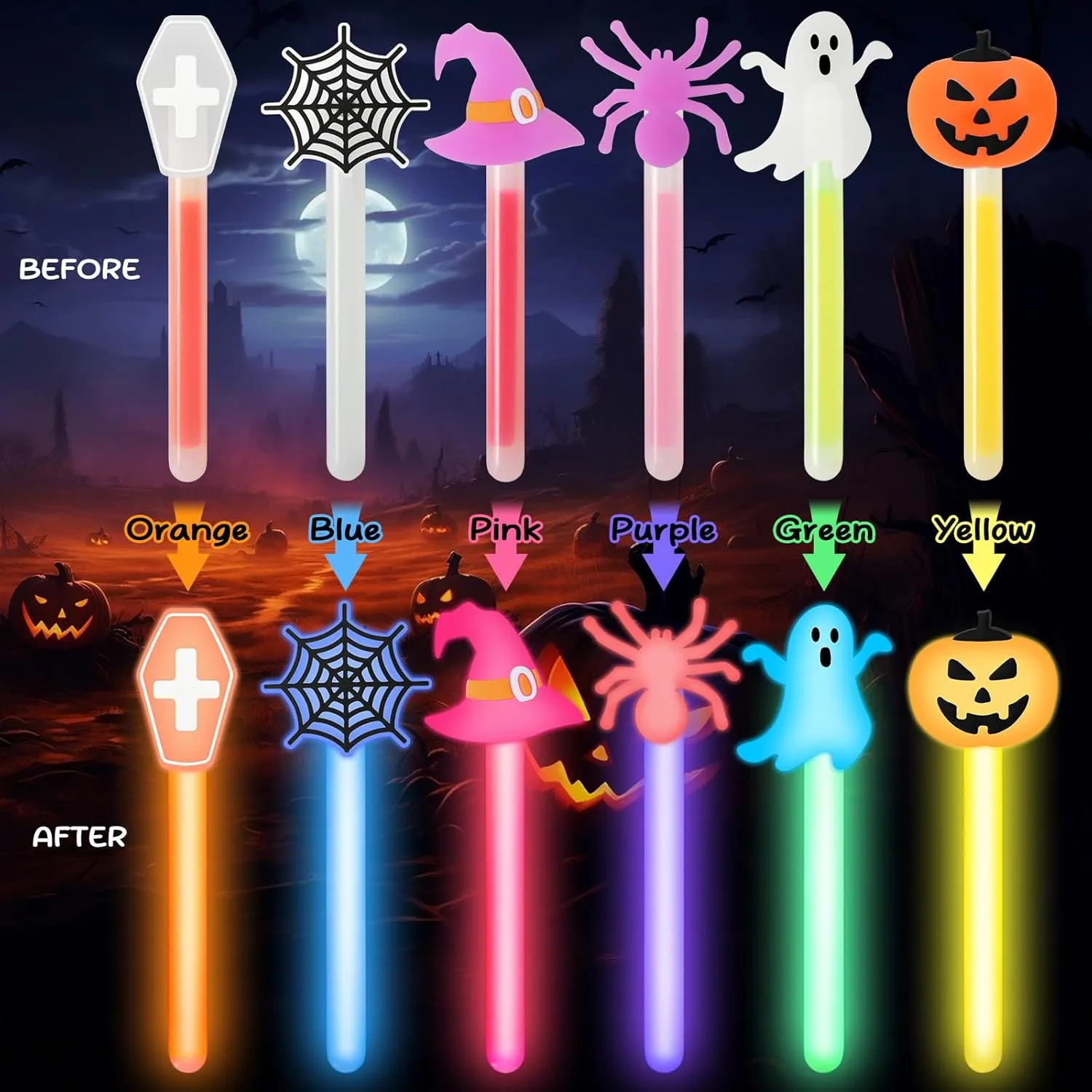 24 Halloween Party Favors Glow Sticks for Kids, 4 Inch Glow Sticks Halloween Glow in the Dark Party Supplies Halloween Goodie Bags Stuffers Classroom Prizes