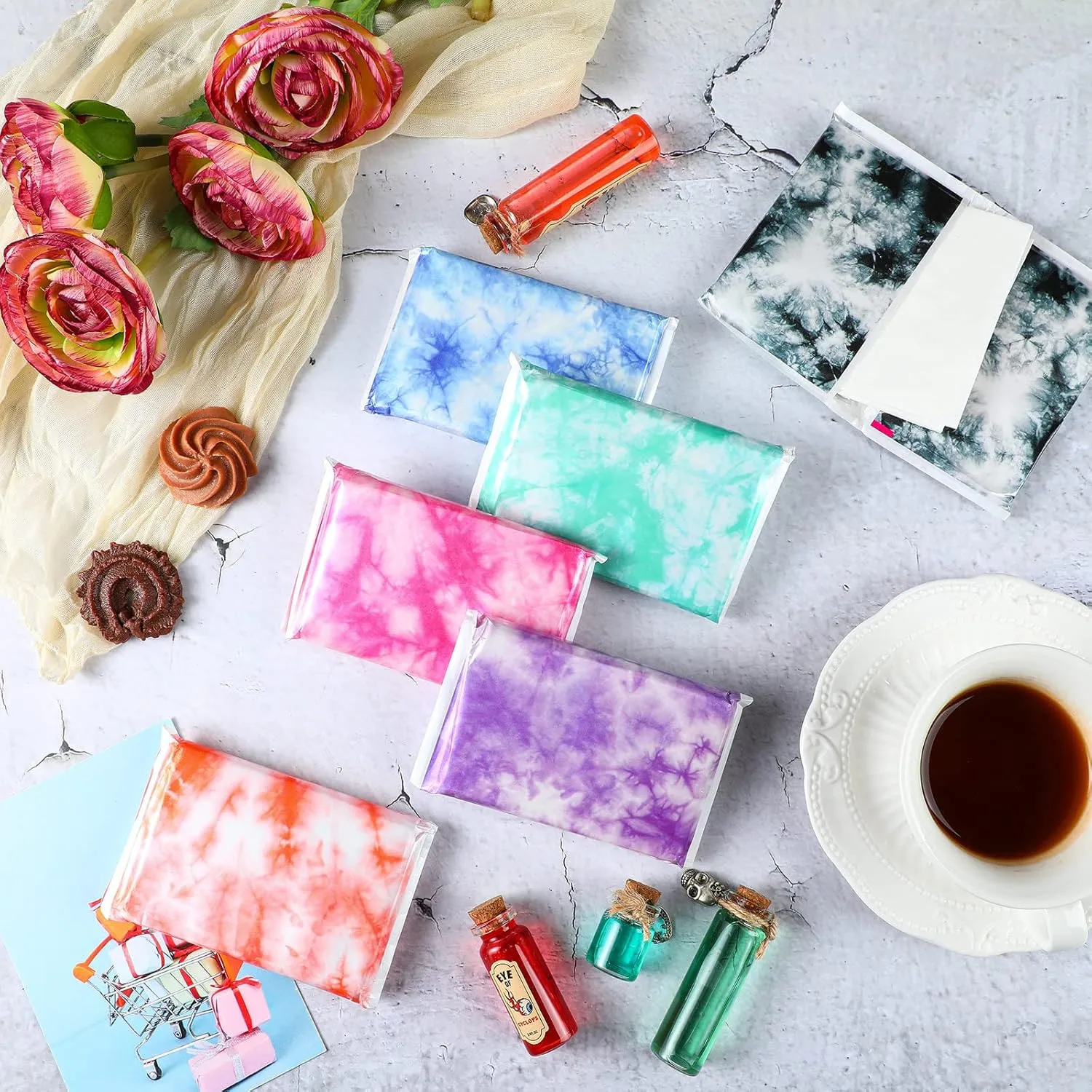 24 Packs Travel Size Tissue Pocket Slim Pack Facial 3 Ply Wallet Size Pocket Tissues for Travel Wedding Party Favors, 6 Styles(Tie Dye)