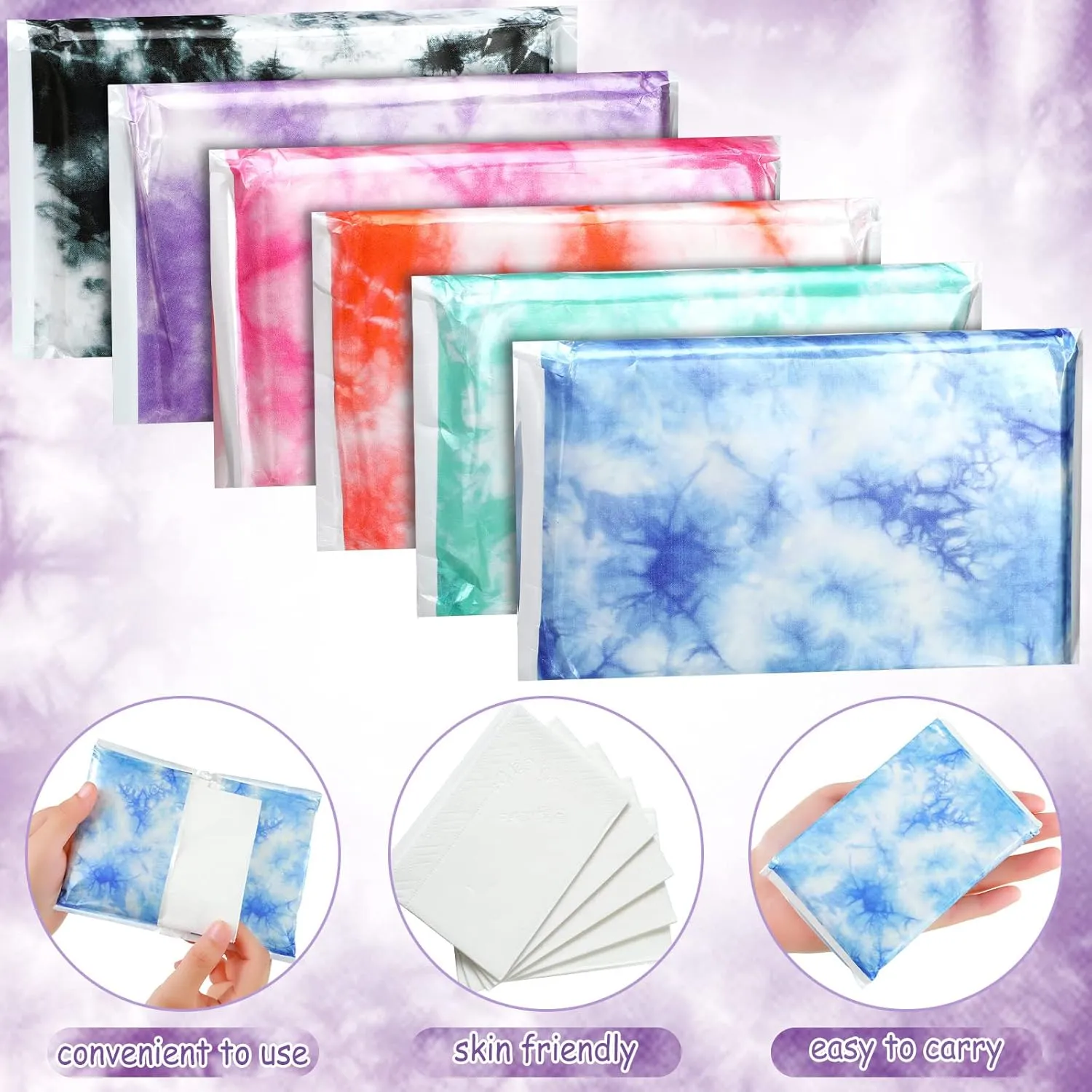 24 Packs Travel Size Tissue Pocket Slim Pack Facial 3 Ply Wallet Size Pocket Tissues for Travel Wedding Party Favors, 6 Styles(Tie Dye)