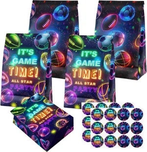 24 Pcs Neon Sports Goodie Bags with Stickers - Neon Sports Themed Birthday Party Favor Bags, Perfect for Kids' Sports Party Supplies and Treat Bags