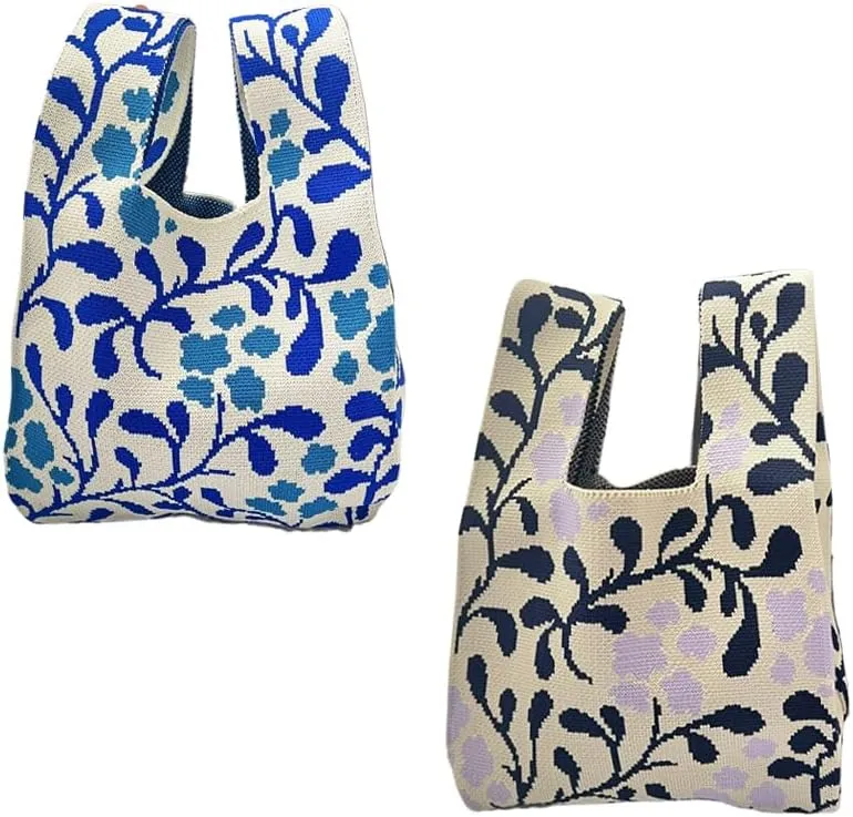 2Pcs Black Blue Whimsical Floral Knit Handbag Soft Crochet Woven Design Stylish Wristlet Tote with Knotted Accents