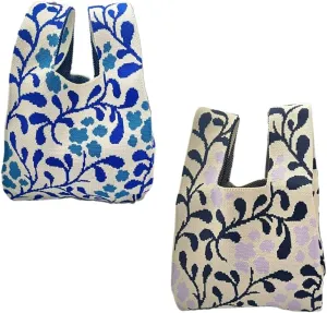 2Pcs Black Blue Whimsical Floral Knit Handbag Soft Crochet Woven Design Stylish Wristlet Tote with Knotted Accents