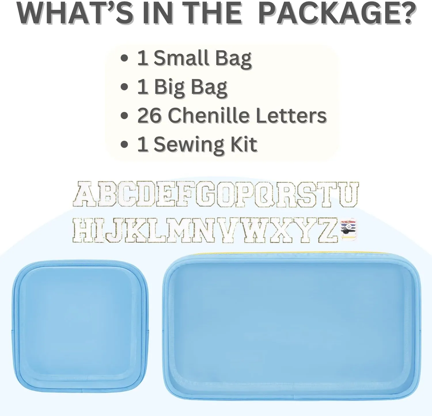 2PCS Personalized Preppy Makeup Bag Set, Small Makeup Pouch & Large Cosmetic Bag, Premium 26 Chenille Letters, Cute Skincare Bag, Birthday Gifts for Girls Woman (Blue)